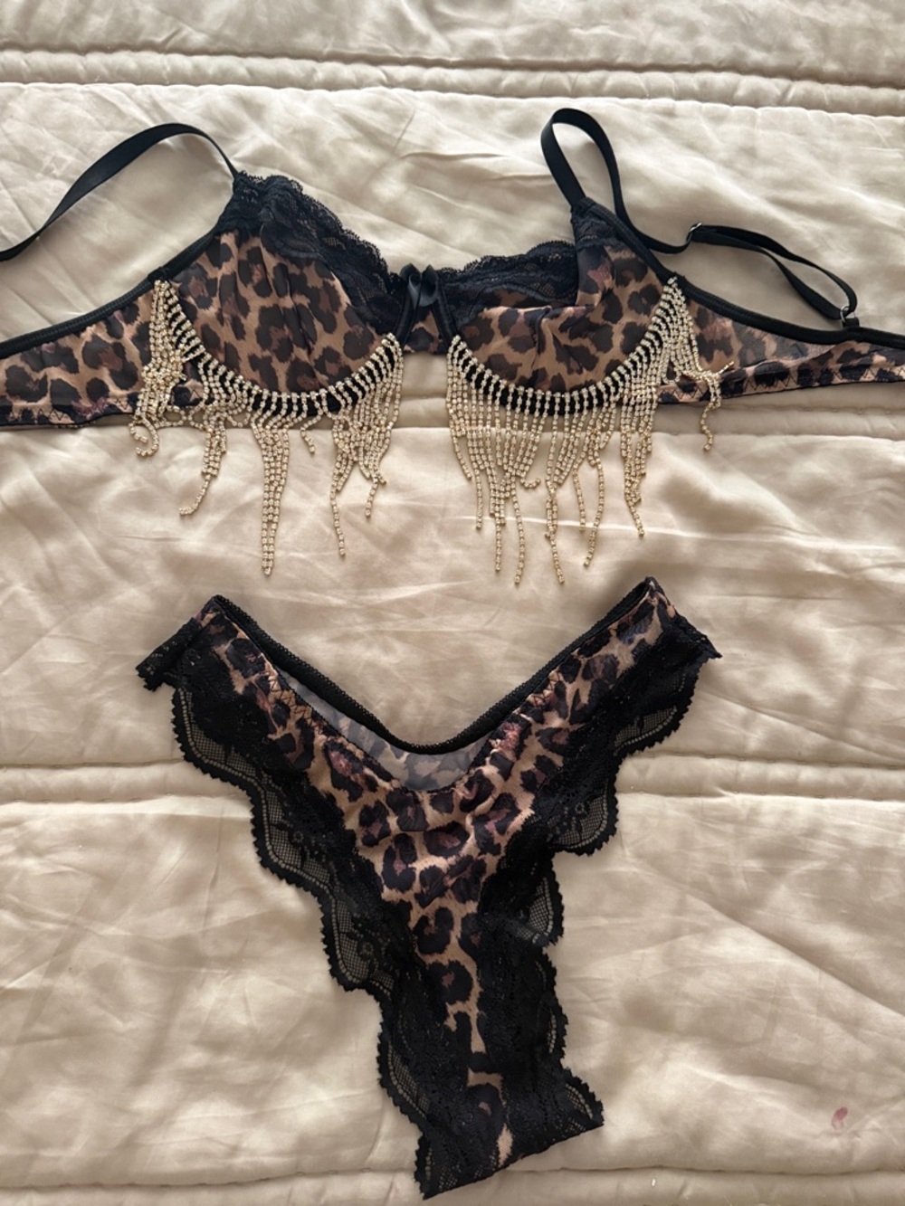 Leopard Print Lace Bra & Bikini Set with Gold Fringe